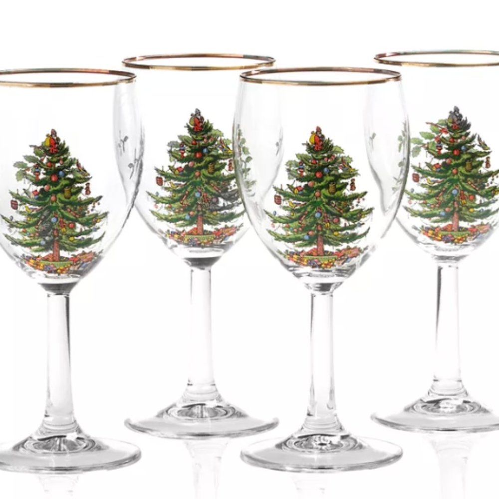 Spode Christmas Tree Pedestal Goblet | Set of 4 Glasses for Wine